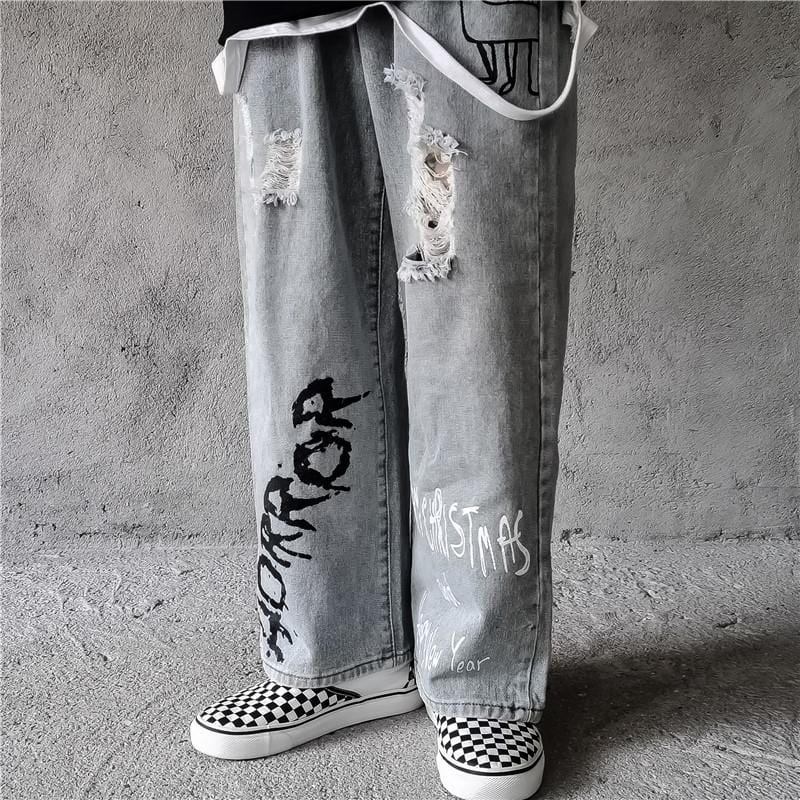 BLUE DENIM LOOSE PRINTED RIPPED GRUNGE STYLE JEANS Beauty Junkie