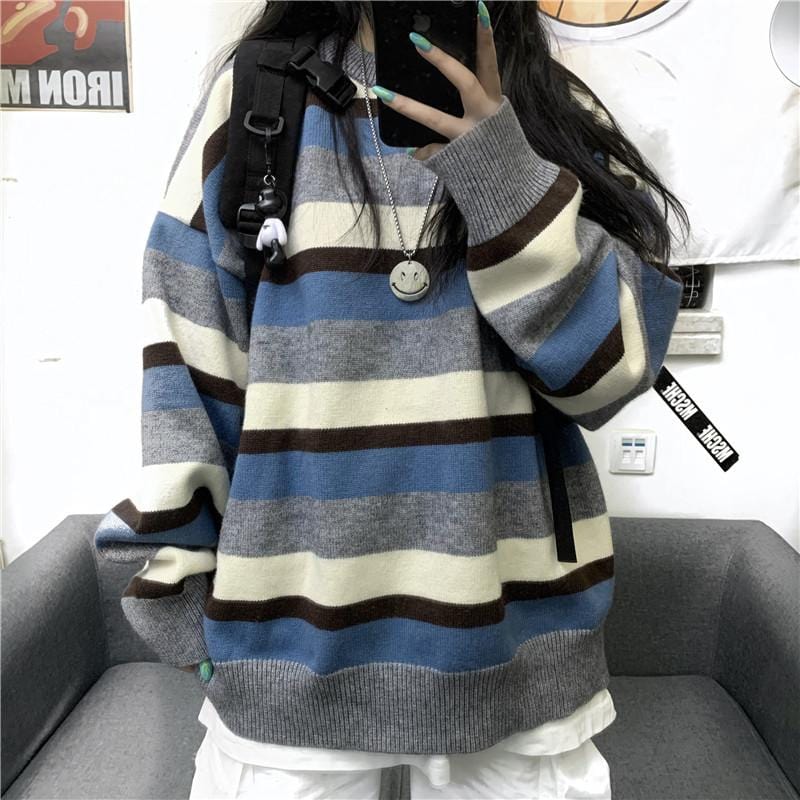 COLORFUL STRIPES LOOSE PULLOVER CASUAL SWEATER Beauty Junkie