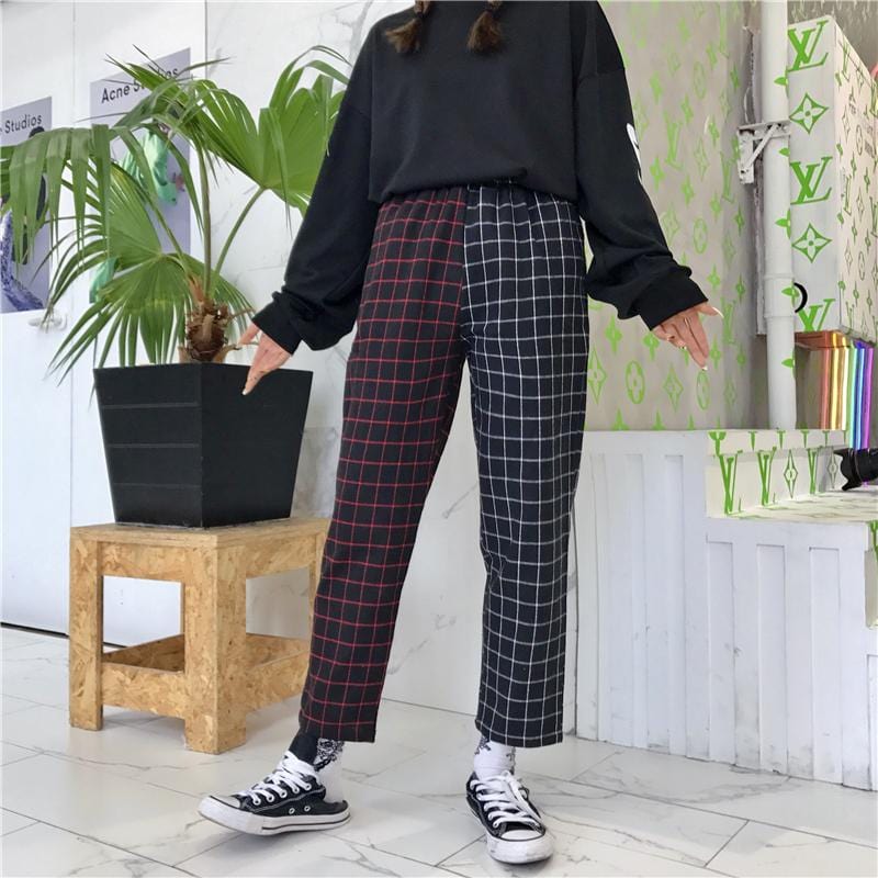 TWO CONTRAST COLORS PLAID GRUNGE STRAIGHT PANTS 2 Beauty Junkie
