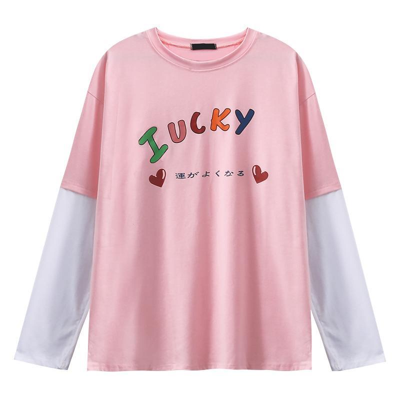 itgirl shop tumblr rainbow lucky print fake two piece t shirt free size pink 12696571019299 Beauty Junkie